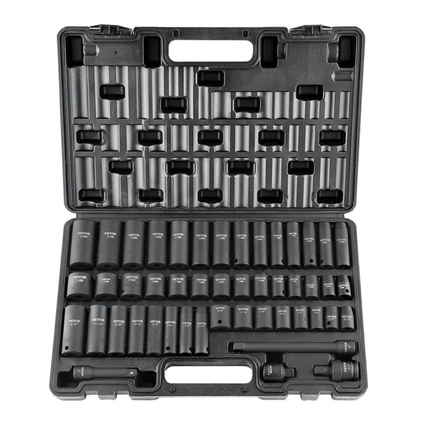VEVOR 9,5 mm piedziņas triecienskrūvgriežu uzmavu komplekts 48 gab SAE (8–22 mm), 6-punktu Cr-V, piedziņas pagarinātājs, universāls savienotājs, elektroinstrumentu adapteris, uzglabāšanas kaste