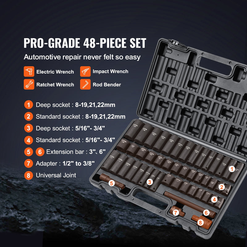 VEVOR 9,5 mm piedziņas triecienskrūvgriežu uzmavu komplekts 48 gab SAE (8–22 mm), 6-punktu Cr-V, piedziņas pagarinātājs, universāls savienotājs, elektroinstrumentu adapteris, uzglabāšanas kaste