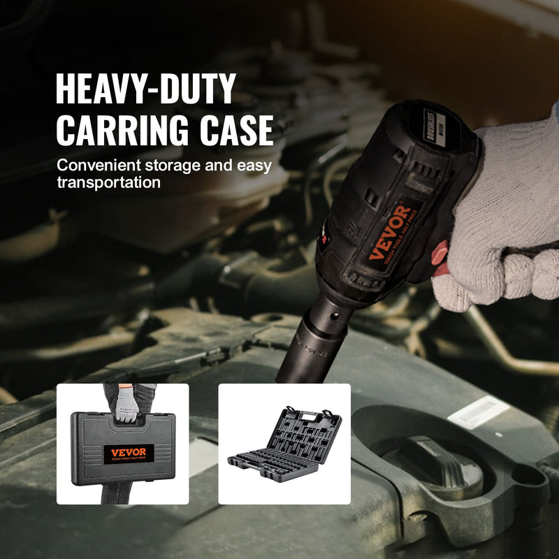 VEVOR 9,5 mm piedziņas triecienskrūvgriežu uzmavu komplekts 48 gab SAE (8-22 mm), 6-punktu Cr-V, piedziņas pagarinātājs, universāls savienotājs, elektroinstrumentu adapteris, uzglabāšanas kaste