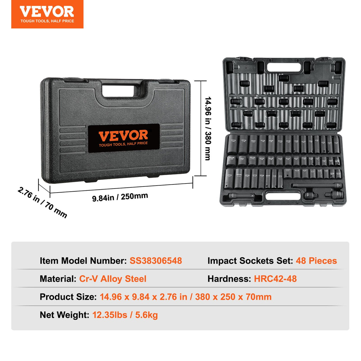 VEVOR 9.5 mm Drive Impact Socket Set 48 Pieces SAE (8–22 mm), 6-Point Cr-V, Drive Extension, Universal Adapter, Power Tool Attachment, Storage Case