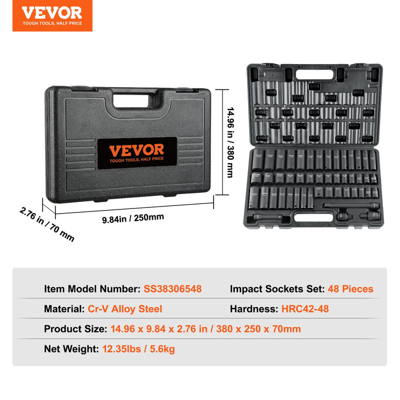 VEVOR 9,5 mm piedziņas triecienskrūvgriežu uzmavu komplekts 48 gab SAE (8–22 mm), 6-punktu Cr-V, piedziņas pagarinātājs, universāls savienotājs, elektroinstrumentu adapteris, uzglabāšanas kaste