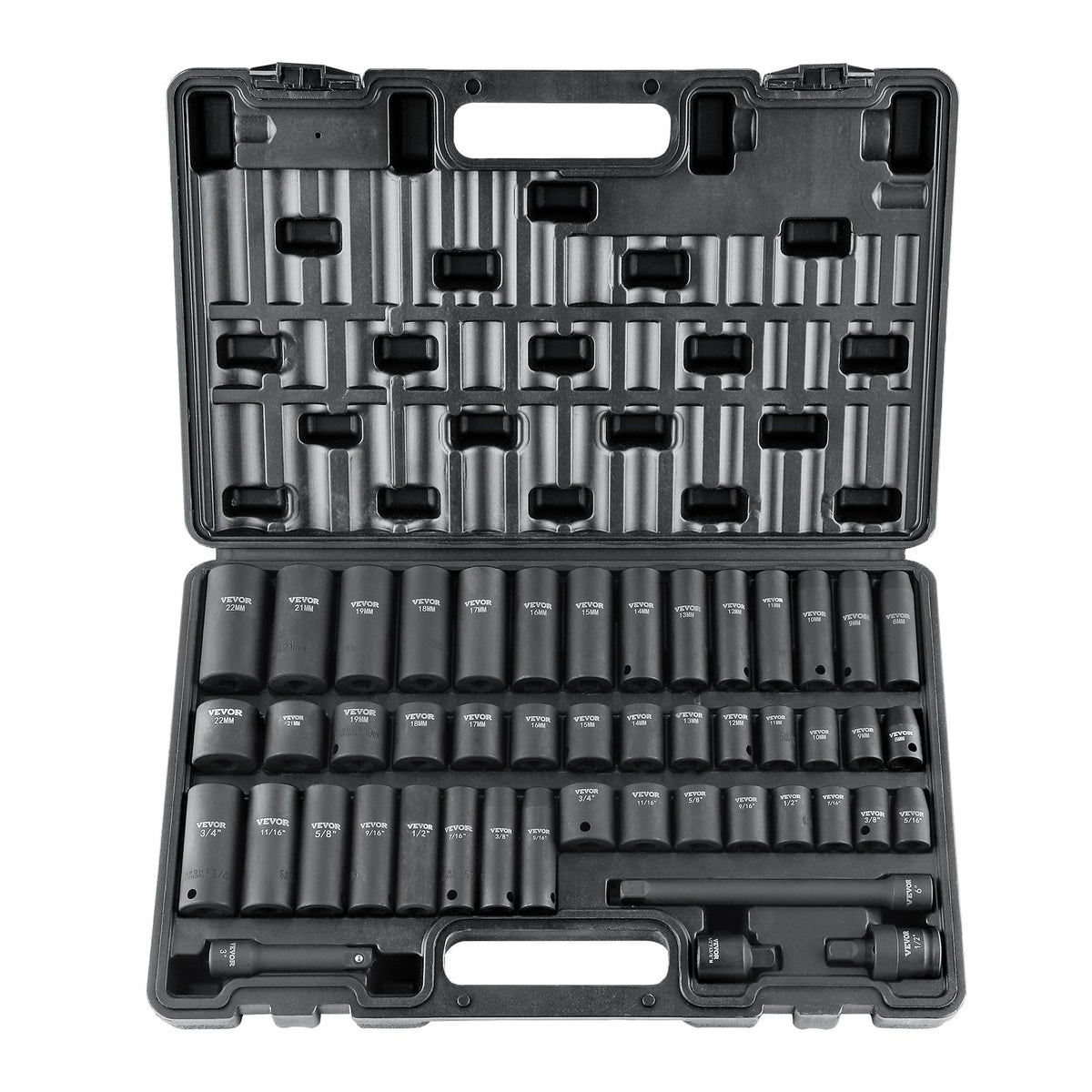 VEVOR 9.5 mm Drive Impact Socket Set 48 Pieces SAE (8–22 mm), 6-Point Cr-V, Drive Extension, Universal Adapter, Power Tool Attachment, Storage Case