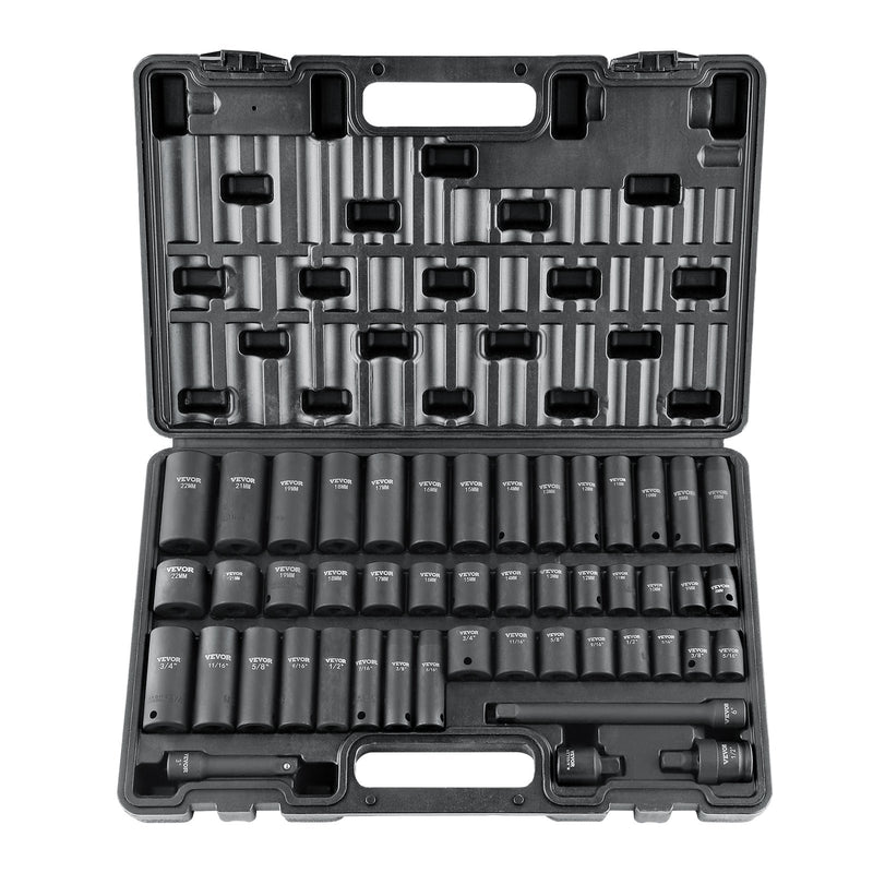 VEVOR 9,5 mm piedziņas triecienskrūvgriežu uzmavu komplekts 48 gab SAE (8–22 mm), 6-punktu Cr-V, piedziņas pagarinātājs, universāls savienotājs, elektroinstrumentu adapteris, uzglabāšanas kaste