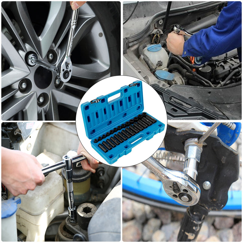 VEVOR Triecienuzgaļu Komplekts 9,5 mm, 26 Daļas - Triecienuzgaļi, Dziļie / Standarta Uzgaļi, 6-Punktu Uzgaļi, Izturīga Konstrukcija, Cr-V Metriskais Uzgaļu Komplekts 9-30 mm ar Uzglabāšanas Kasti