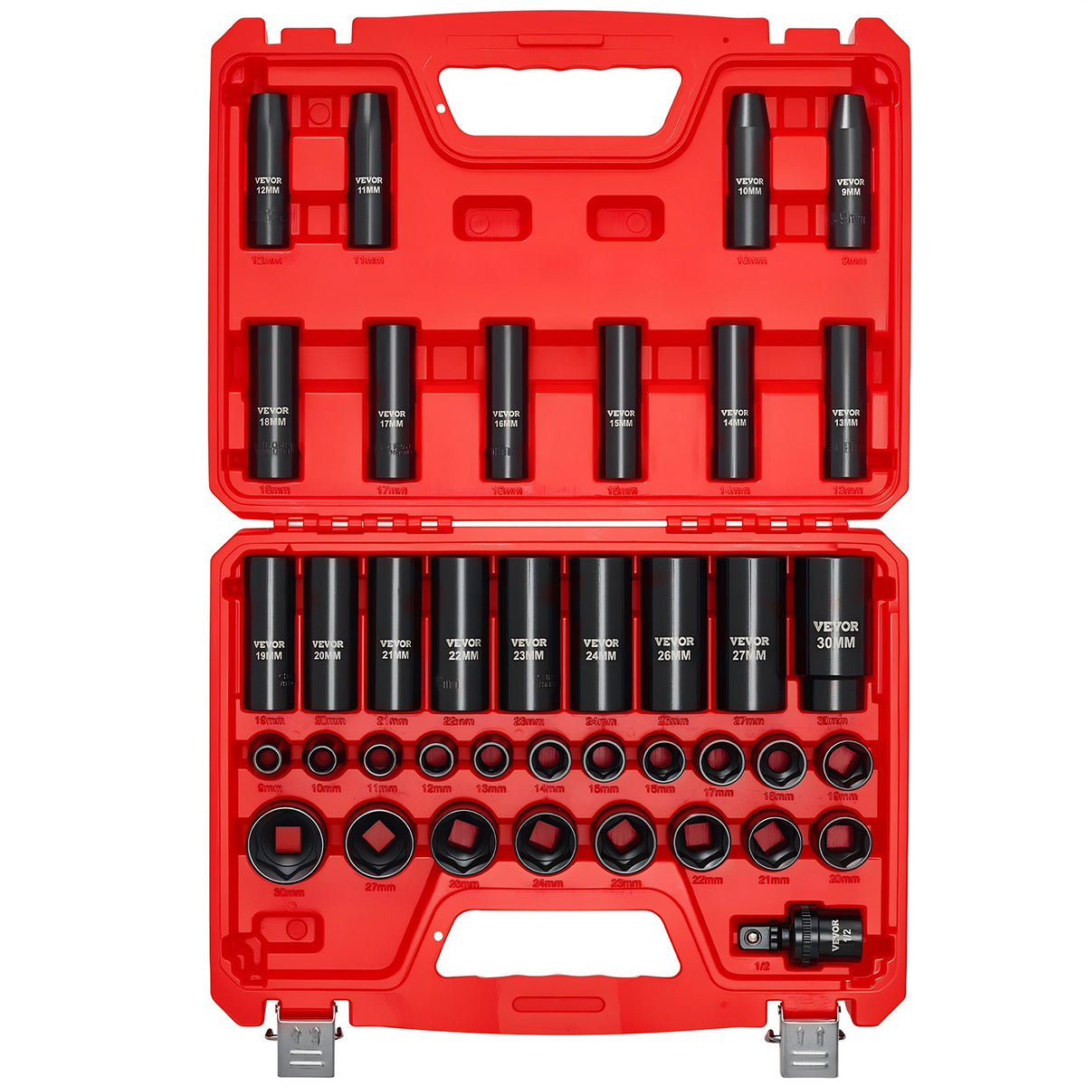VEVOR 12,7 mm piedziņas triecienuzgriežņu muciņu komplekts, 39 daļas, 6-šķautņu dziļās un seklās muciņas 9–30 mm, augstas izturības Cr-V tērauds, ar universālo kardānu, divkāršs izmēru marķējums, izturīgs koferis