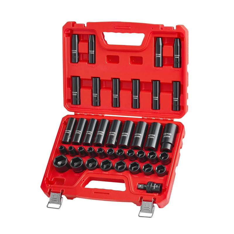VEVOR 12,7 mm piedziņas triecienuzgriežņu muciņu komplekts, 39 daļas, 6-šķautņu dziļās un seklās muciņas 9–30 mm, augstas izturības Cr-V tērauds, ar universālo kardānu, divkāršs izmēru marķējums, izturīgs koferis