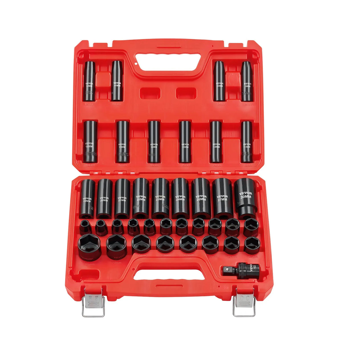 VEVOR 12,7 mm piedziņas triecienuzgriežņu muciņu komplekts, 39 daļas, 6-šķautņu dziļās un seklās muciņas 9–30 mm, augstas izturības Cr-V tērauds, ar universālo kardānu, divkāršs izmēru marķējums, izturīgs koferis