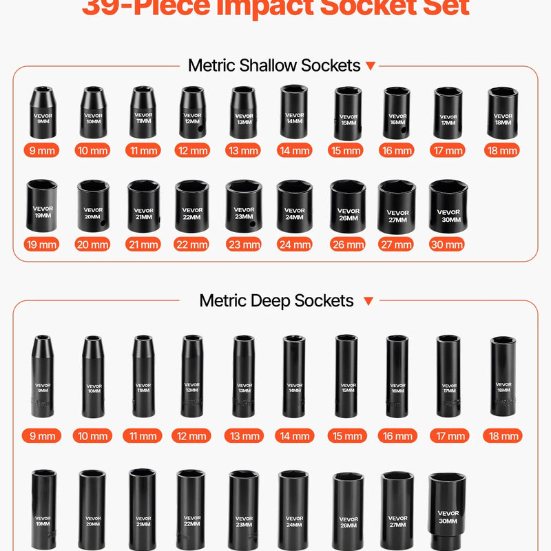 VEVOR 12,7 mm piedziņas triecienuzgriežņu muciņu komplekts, 39 daļas, 6-šķautņu dziļās un seklās muciņas 9–30 mm, augstas izturības Cr-V tērauds, ar universālo kardānu, divkāršs izmēru marķējums, izturīgs koferis