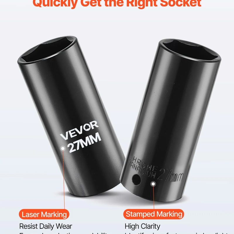 VEVOR 12,7 mm piedziņas triecienuzgriežņu muciņu komplekts, 39 daļas, 6-šķautņu dziļās un seklās muciņas 9–30 mm, augstas izturības Cr-V tērauds, ar universālo kardānu, divkāršs izmēru marķējums, izturīgs koferis