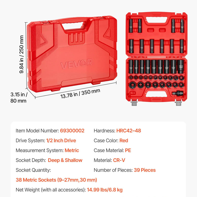 VEVOR 12,7 mm piedziņas triecienuzgriežņu muciņu komplekts, 39 daļas, 6-šķautņu dziļās un seklās muciņas 9–30 mm, augstas izturības Cr-V tērauds, ar universālo kardānu, divkāršs izmēru marķējums, izturīgs koferis