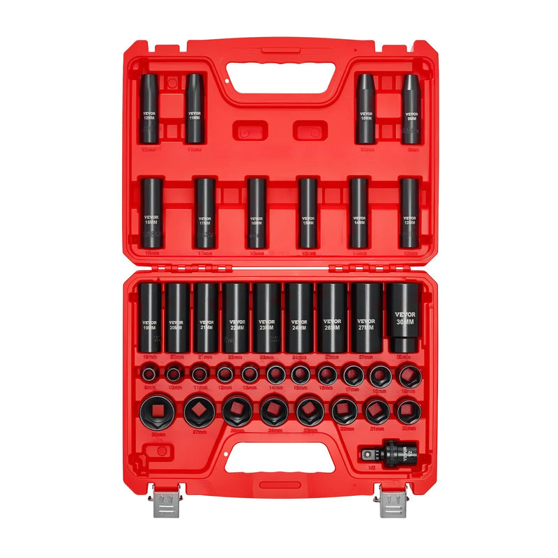 VEVOR 12,7 mm piedziņas triecienuzgriežņu muciņu komplekts, 39 daļas, 6-šķautņu dziļās un seklās muciņas 9–30 mm, augstas izturības Cr-V tērauds, ar universālo kardānu, divkāršs izmēru marķējums, izturīgs koferis