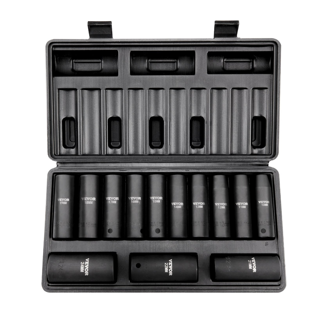 VEVOR trieciens uzgriežņu atslēgu komplekts 12,7 mm, 13 gab., dziļie, 10-24 mm, Cr-V tērauds, 6-kantes, ar glabāšanas kārbu