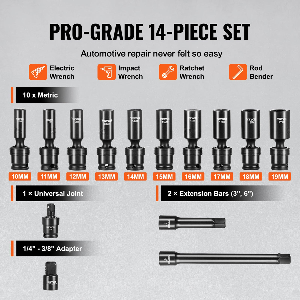 VEVOR 360° Rotating Impact Socket Set 14 Pieces, 9.5 mm Drive, 10–24 mm