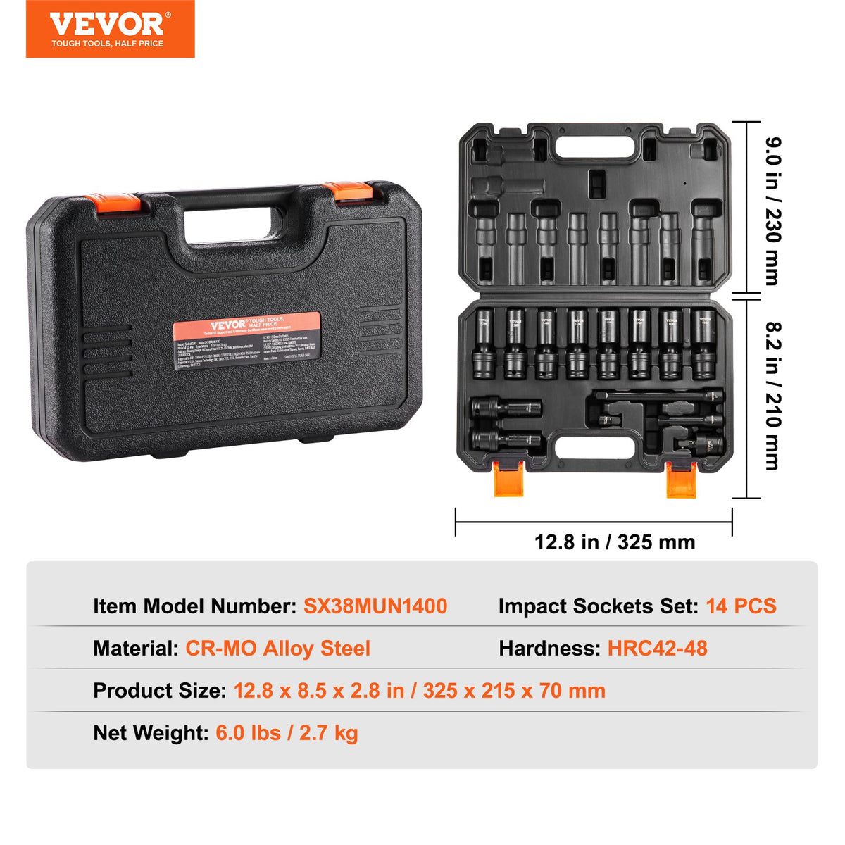 VEVOR 360° Rotating Impact Socket Set 14 Pieces, 9.5 mm Drive, 10–24 mm