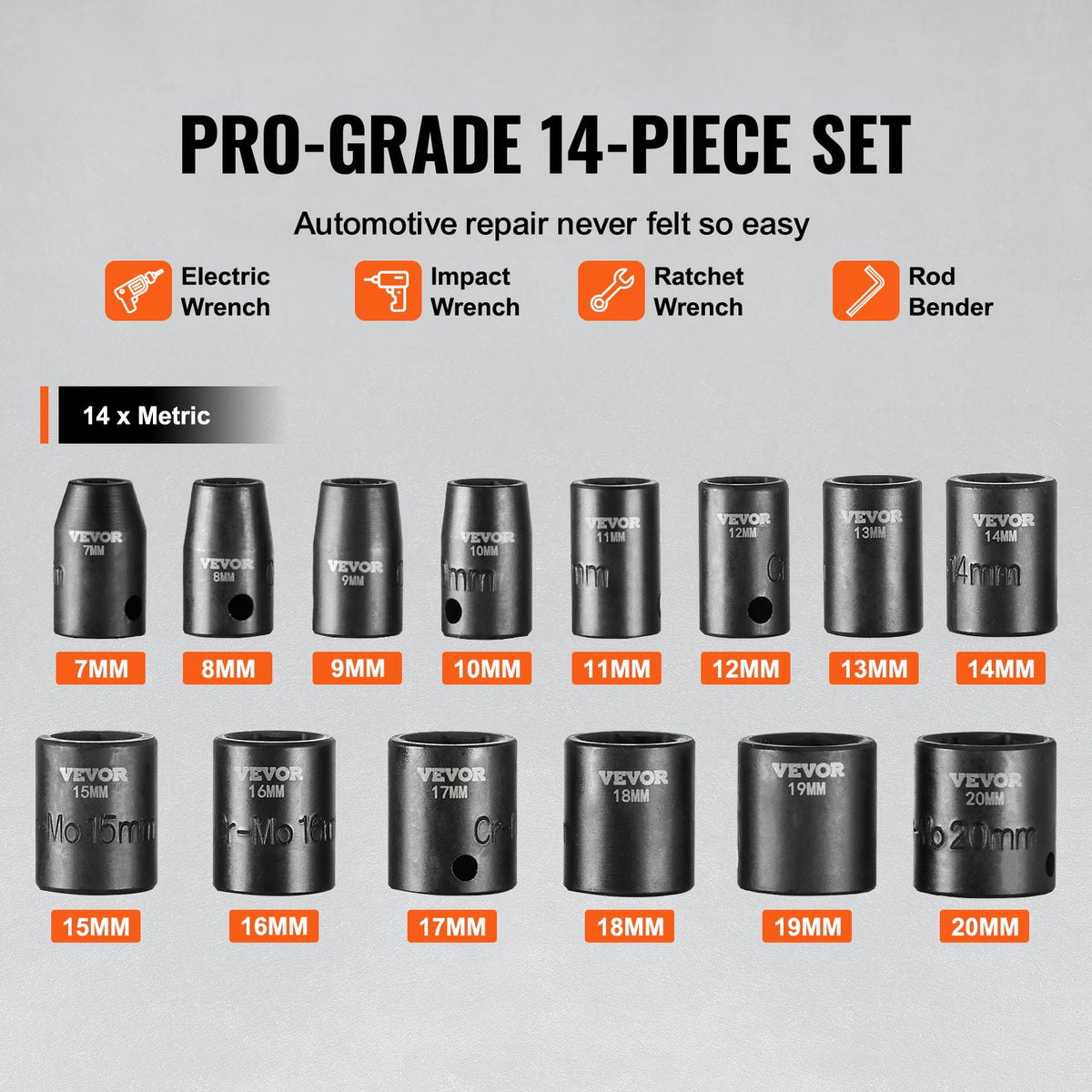 VEVOR Impact Socket Set 14 Pieces 6-Point 9.5 mm Drive