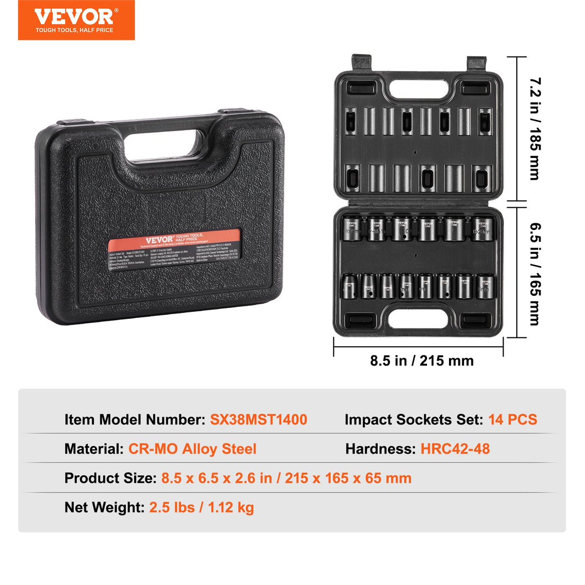 VEVOR Impact Socket Set 14 Pieces 6-Point 9.5 mm Drive