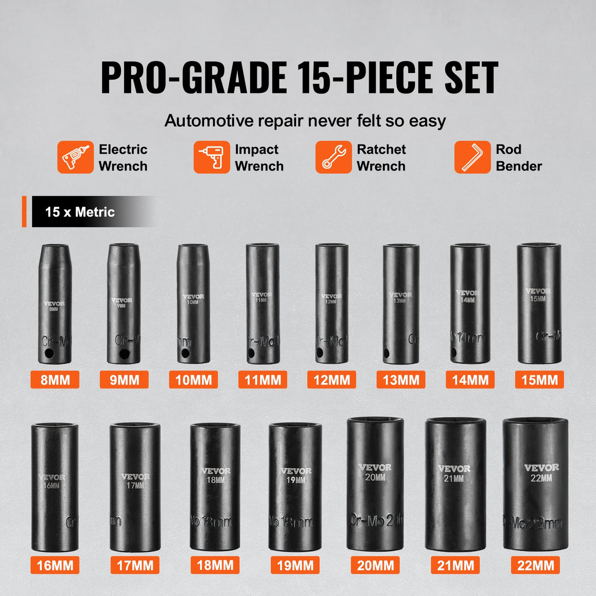 VEVOR Impact Socket Set 15 Pieces 6-Point 9.5 mm Drive