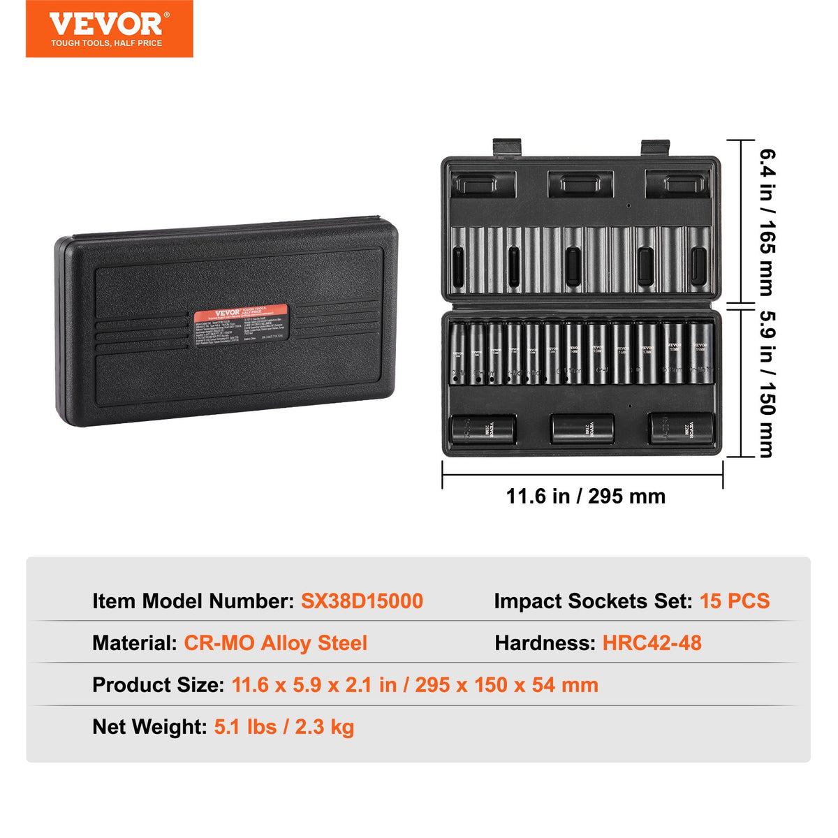 VEVOR Impact Socket Set 15 Pieces 6-Point 9.5 mm Drive