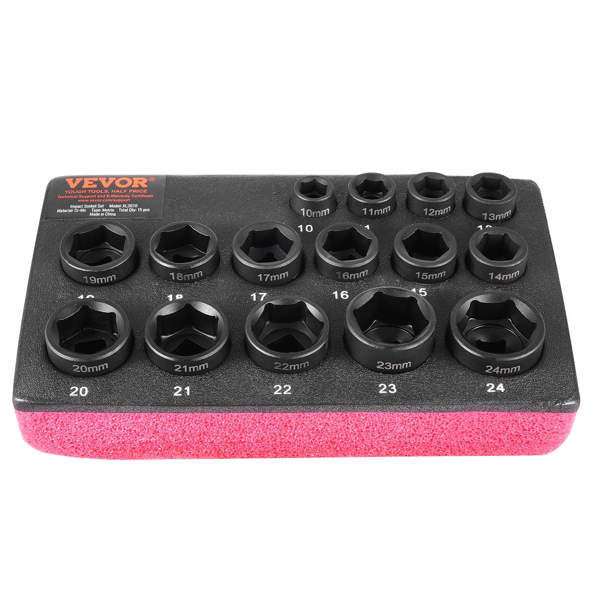 VEVOR 9.5 mm Impact Socket Set, 15 Pieces, Extra Short Metric Sockets 10–24 mm, Hexagon Cr-Mo Alloy Steel for Car Repair, with Easy-to-Read Size Markings, Durable Construction and Socket Holder