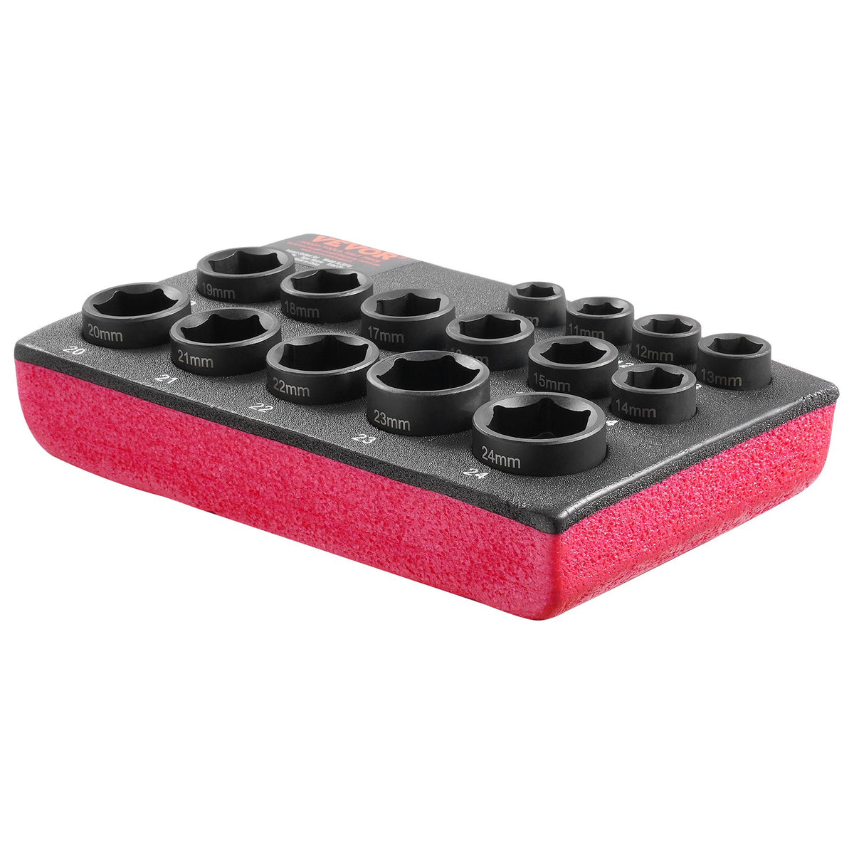 VEVOR 9.5 mm Impact Socket Set, 15 Pieces, Extra Short Metric Sockets 10–24 mm, Hexagon Cr-Mo Alloy Steel for Car Repair, with Easy-to-Read Size Markings, Durable Construction and Socket Holder