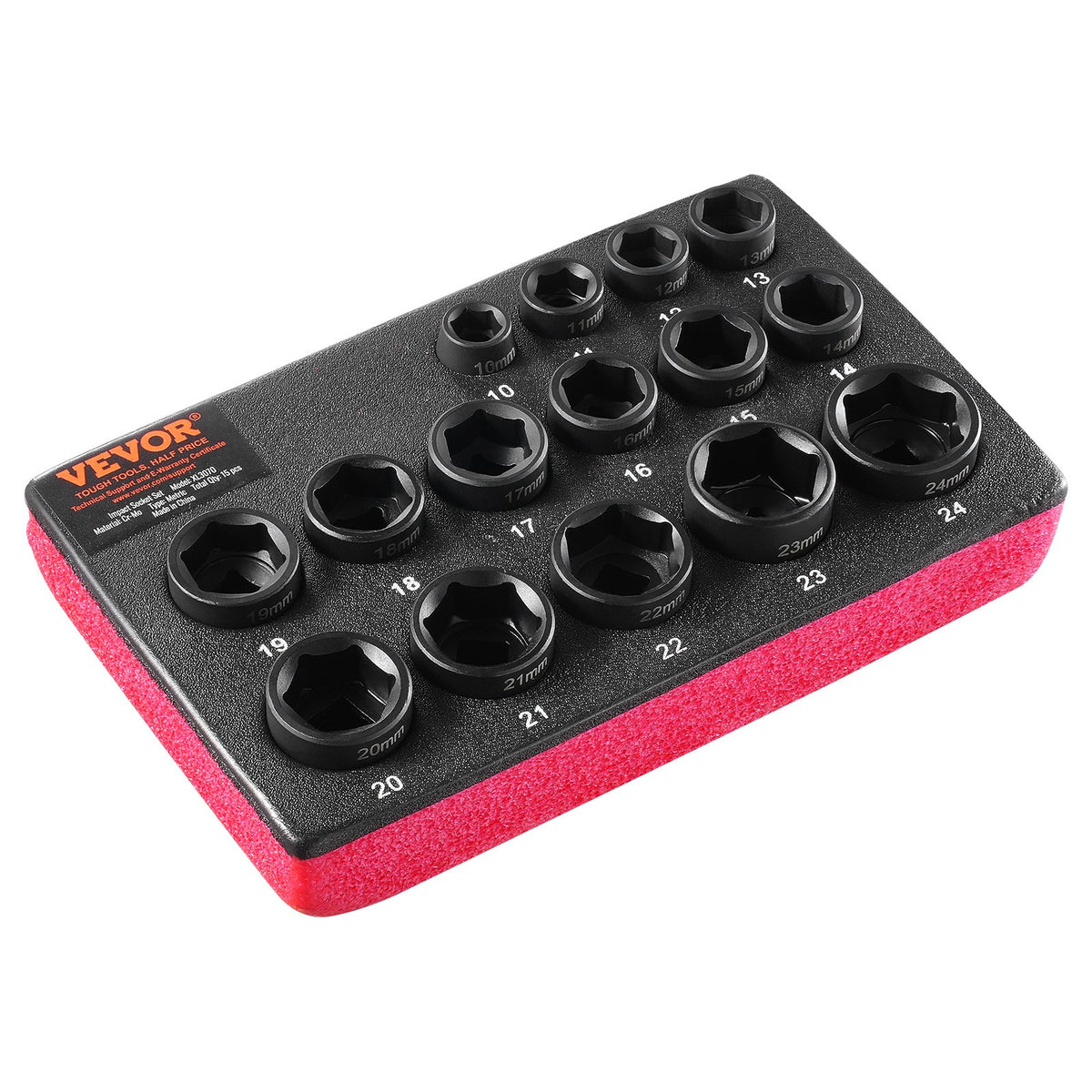 VEVOR 9.5 mm Impact Socket Set, 15 Pieces, Extra Short Metric Sockets 10–24 mm, Hexagon Cr-Mo Alloy Steel for Car Repair, with Easy-to-Read Size Markings, Durable Construction and Socket Holder