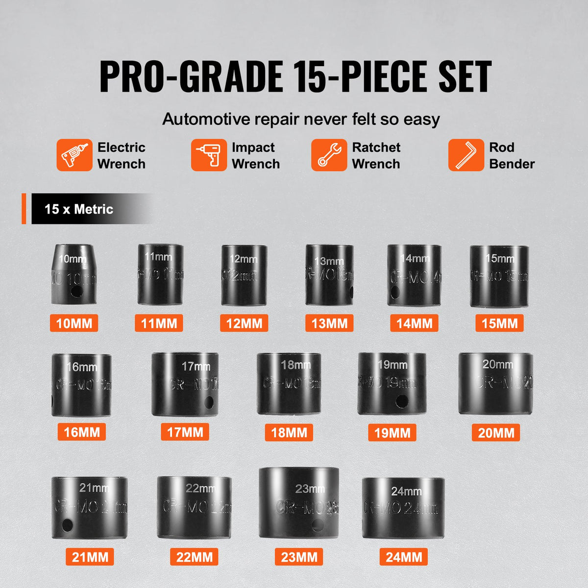 VEVOR 9.5 mm Impact Socket Set, 15 Pieces, Extra Short Metric Sockets 10–24 mm, Hexagon Cr-Mo Alloy Steel for Car Repair, with Easy-to-Read Size Markings, Durable Construction and Socket Holder