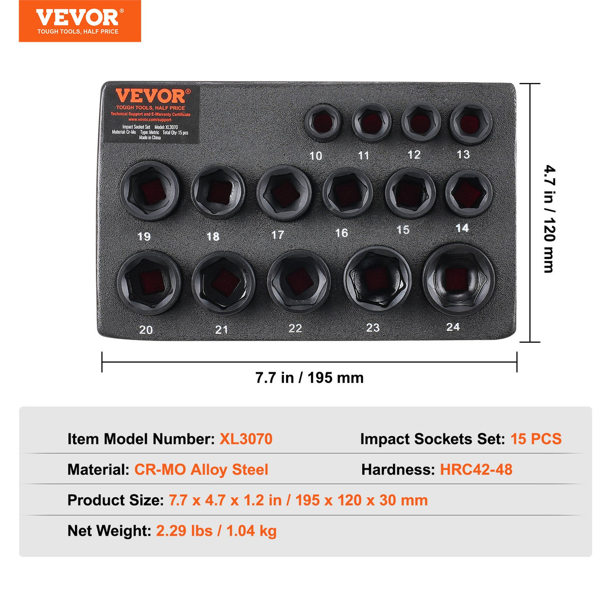 VEVOR 9.5 mm Impact Socket Set, 15 Pieces, Extra Short Metric Sockets 10–24 mm, Hexagon Cr-Mo Alloy Steel for Car Repair, with Easy-to-Read Size Markings, Durable Construction and Socket Holder