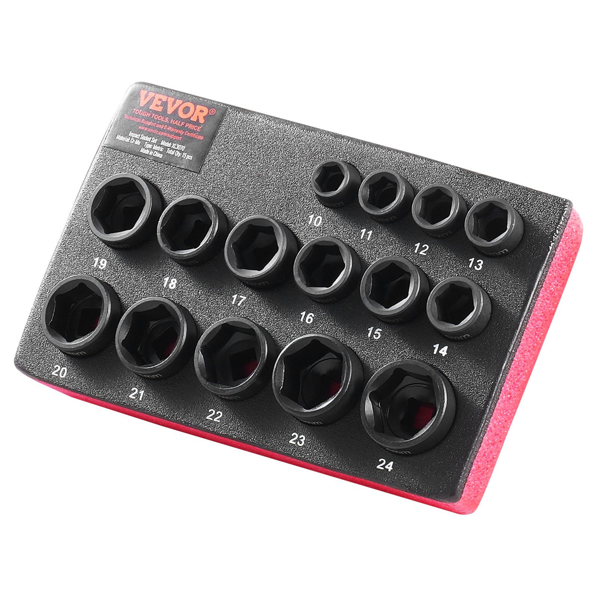 VEVOR 9.5 mm Impact Socket Set, 15 Pieces, Extra Short Metric Sockets 10–24 mm, Hexagon Cr-Mo Alloy Steel for Car Repair, with Easy-to-Read Size Markings, Durable Construction and Socket Holder