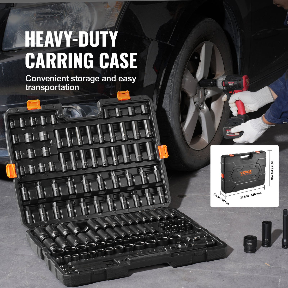 VEVOR Impact Socket Set 130 Pieces, 6-Point, 9.53 mm and 12.7 mm, with Bits, Ratchet Wrench and Tool Kit