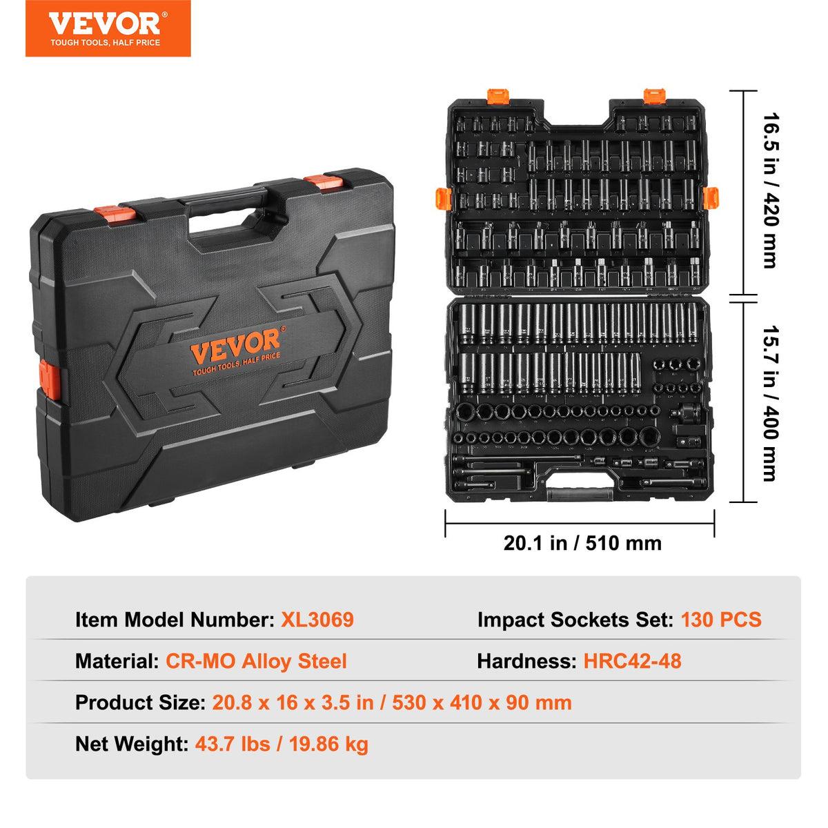 VEVOR Impact Socket Set 130 Pieces, 6-Point, 9.53 mm and 12.7 mm, with Bits, Ratchet Wrench and Tool Kit