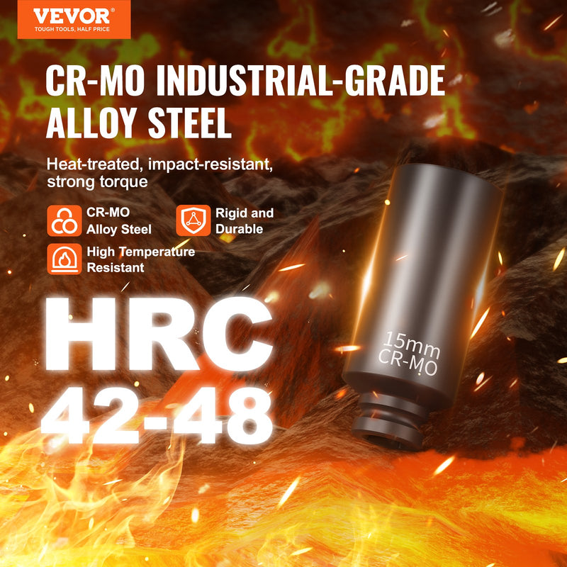 VEVOR trieciens uzgriežņu atslēgu komplekts 14 gab., 6-kantes, dziļie, 6,35 mm, 4-15 mm, Cr-Mo