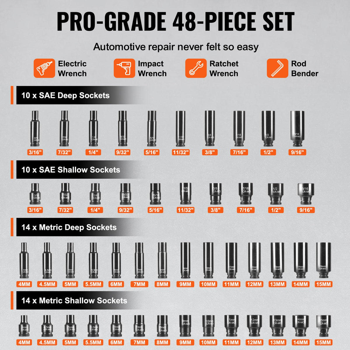 VEVOR Socket Wrench Set 48 Pieces, 6-Point, 6.35 mm, with Bits, Ratchet Wrench and Case