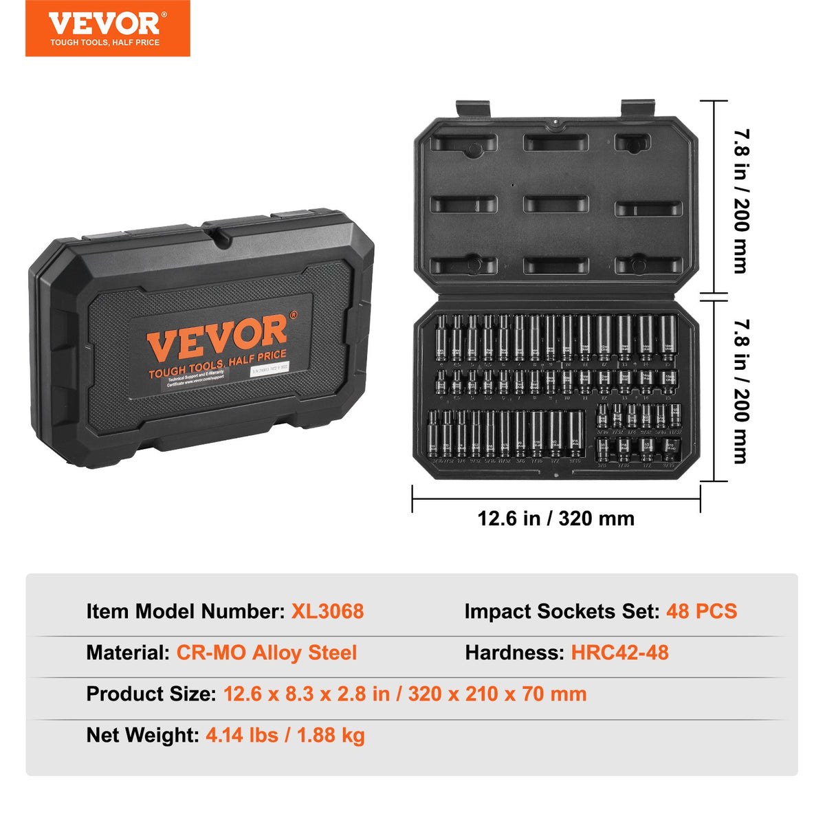 VEVOR Socket Wrench Set 48 Pieces, 6-Point, 6.35 mm, with Bits, Ratchet Wrench and Case