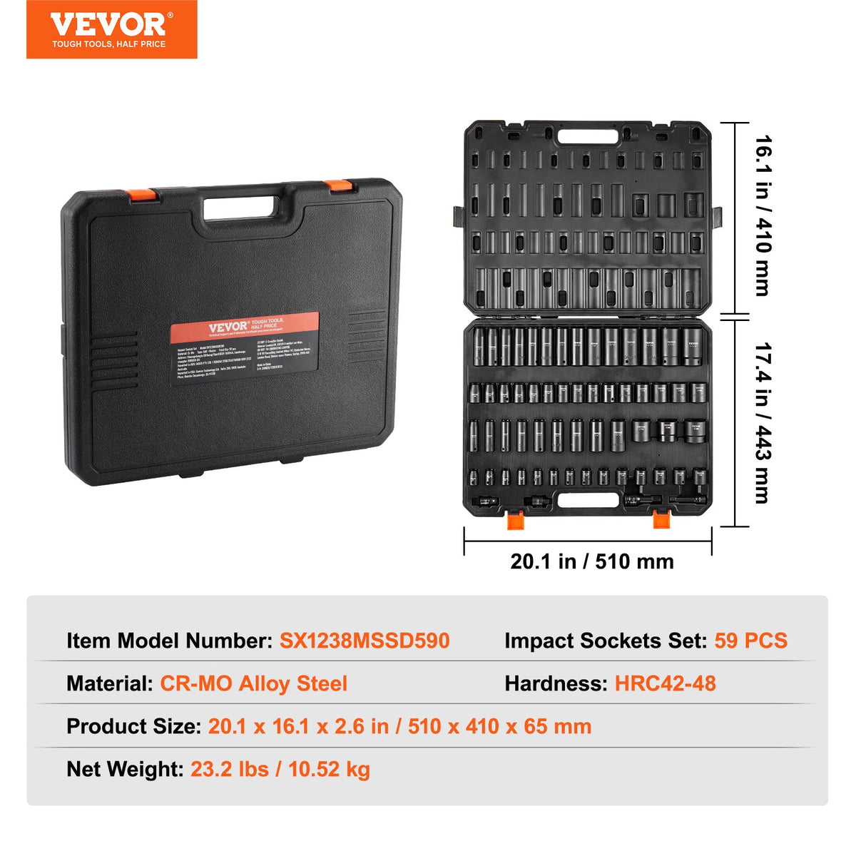 VEVOR trieciensloksņu komplekts 59 gab 6 punktu 9,5 mm un 12,7 mm piedziņa