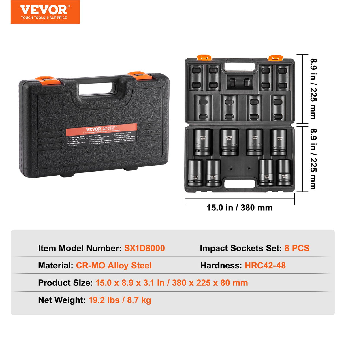 VEVOR Impact Socket Set 8 Pieces 6 Point 25.4 mm Drive