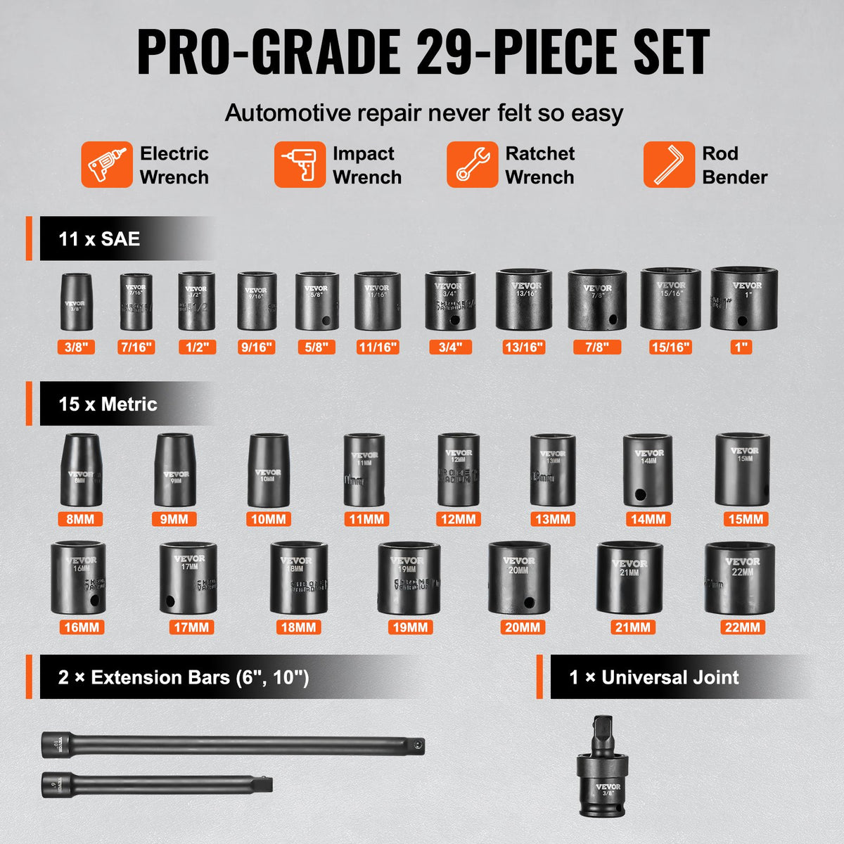 VEVOR Impact Socket Set 29 Pieces 6-Point 9.5 mm Drive