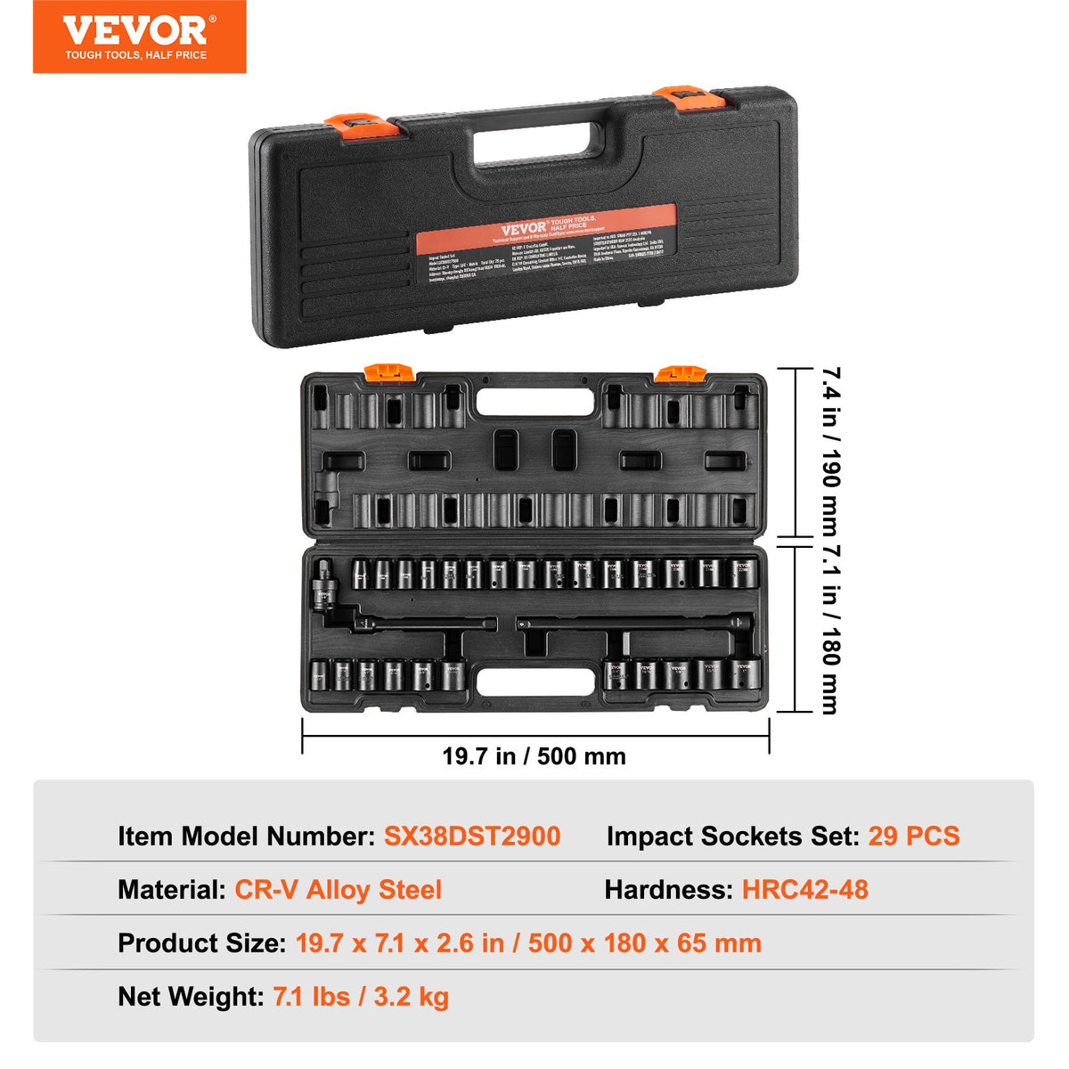 VEVOR Impact Socket Set 29 Pieces 6-Point 9.5 mm Drive