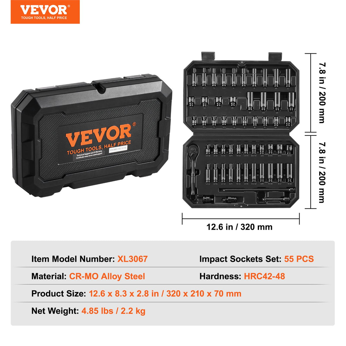 VEVOR trieciens uzgriežņu atslēgu un uzgaļu komplekts 55 gab., 6-kantes, 6,35 mm, ar rokas atslēgu un kārbu