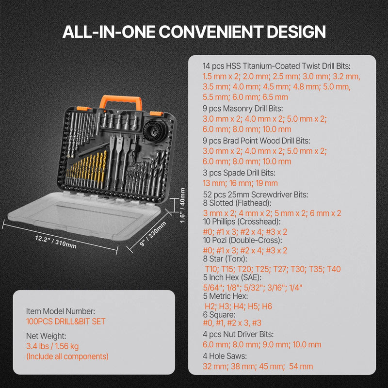 VEVOR urbju un skrūvgriežu uzgaļu komplekts, 100 daļas, urbšanai un skrūvēšanai kokā, metālā un betonā, kombinēts komplekts ar sakārtotu pārnēsājamu koferi