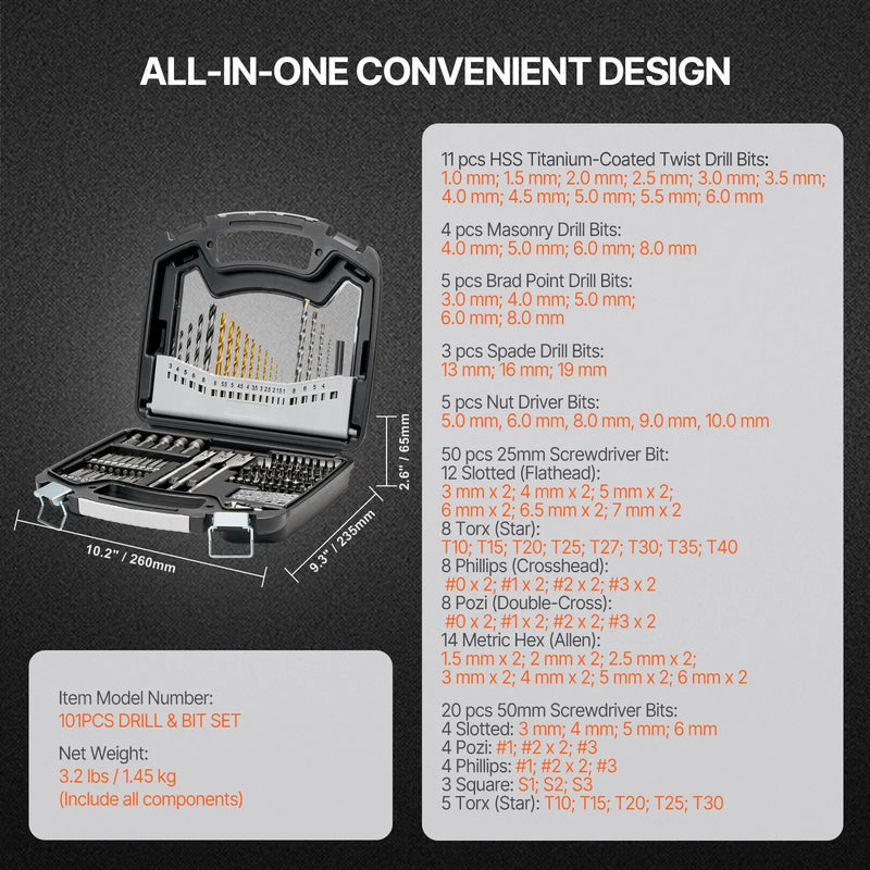 VEVOR urbju un skrūvgriežu uzgaļu komplekts, 101 daļa, urbšanai un skrūvēšanai kokā, metālā un betonā, kombinēts komplekts ar sakārtotu pārnēsājamu koferi