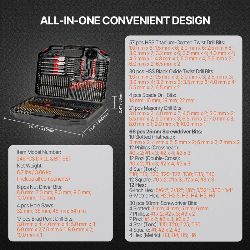VEVOR urbju un skrūvgriežu uzgaļu komplekts, 246 daļas, urbšanai un skrūvēšanai kokā, metālā un betonā, kombinēts komplekts ar sakārtotu pārnēsājamu koferi