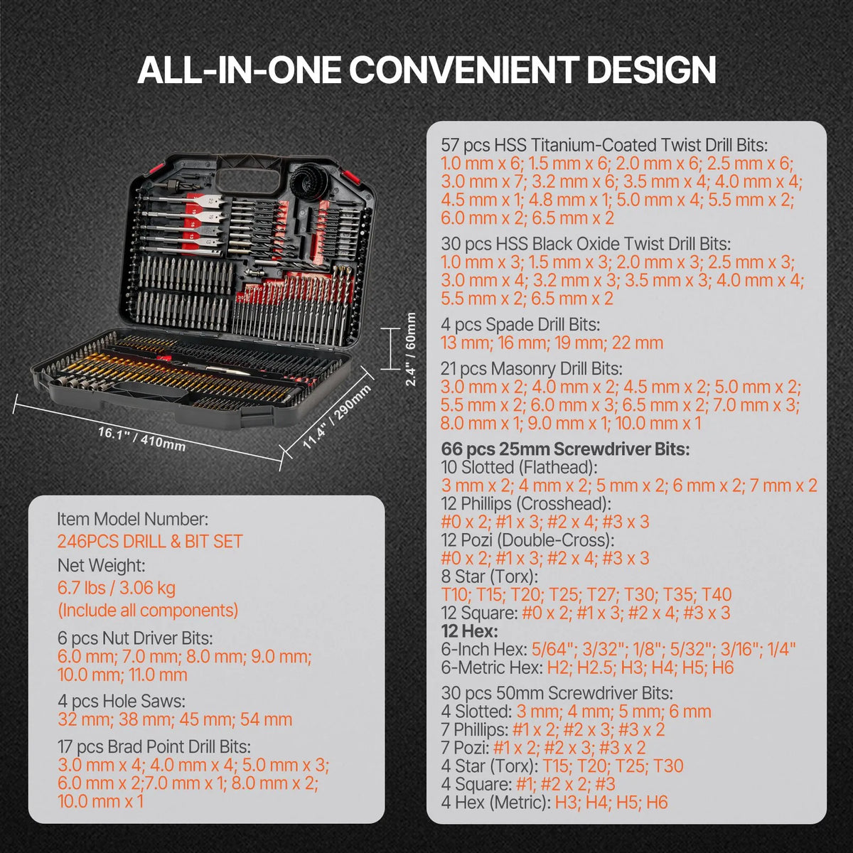 VEVOR урбжу и скрувгриежу узгалу комплекты, 246 далей, урбшанай и скрувешанай кока, метала и бетона, комбинаты комплектов ар сакартоту парнесаяму кофери