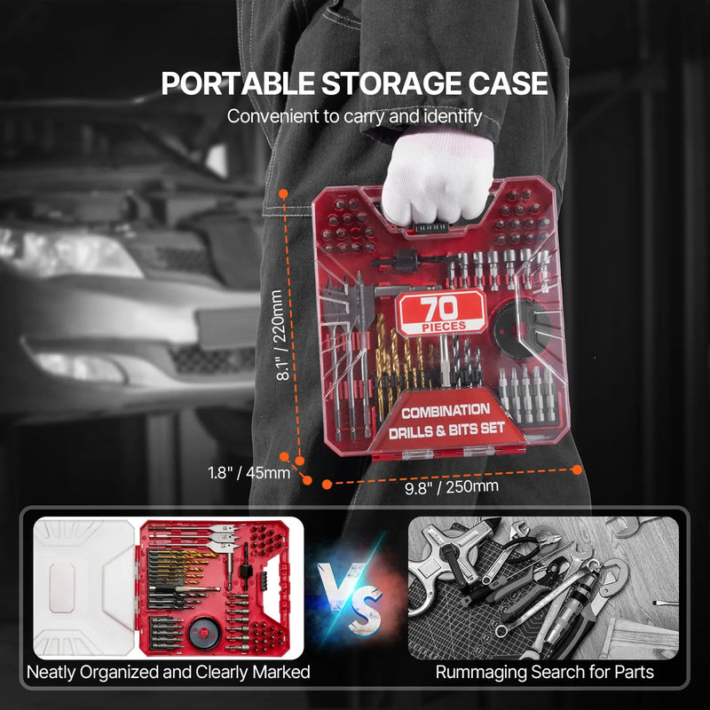 VEVOR urbju un skrūvgriežu uzgaļu komplekts, 70 daļas, urbšanai un skrūvēšanai kokā, metālā un betonā, kombinēts komplekts ar sakārtotu pārnēsājamu koferi