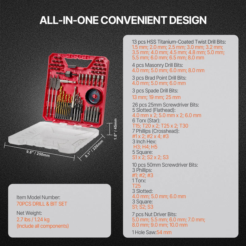 VEVOR urbju un skrūvgriežu uzgaļu komplekts, 70 daļas, urbšanai un skrūvēšanai kokā, metālā un betonā, kombinēts komplekts ar sakārtotu pārnēsājamu koferi