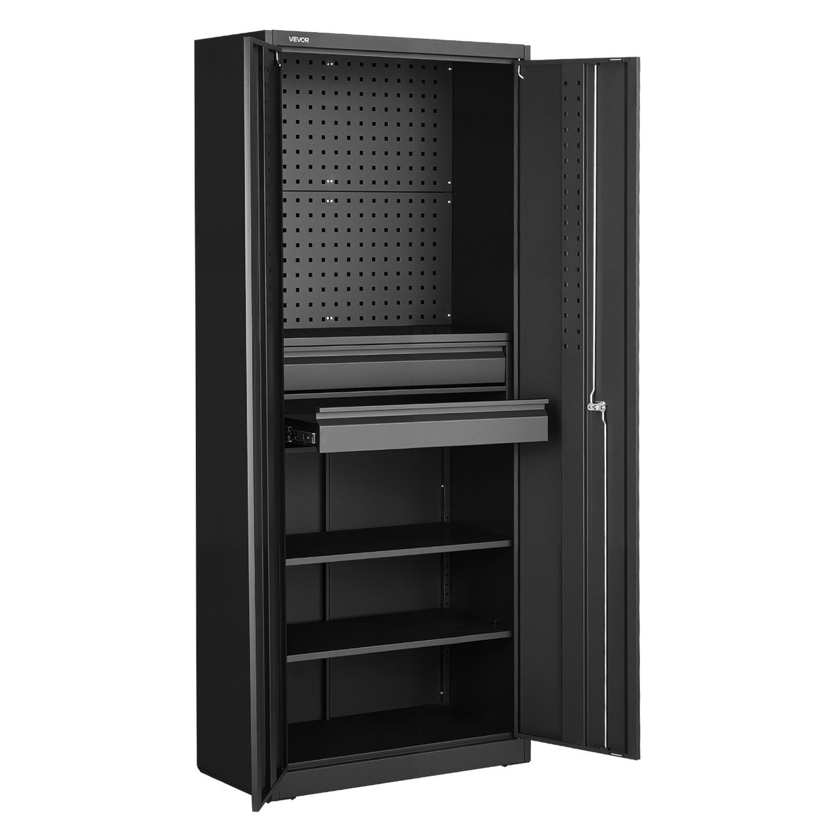 VEVOR metāla uzglabāšanas skapis 1800 mm ar 2 slēdzamām durvīm, regulējami plaukti, 2 atvilktnes, perforēta instrumentu siena, plaukta slodze līdz 81,5 kg, piemērots garāžai, mājai, birojam un saimniecības telpai - ZEMLETES.LV