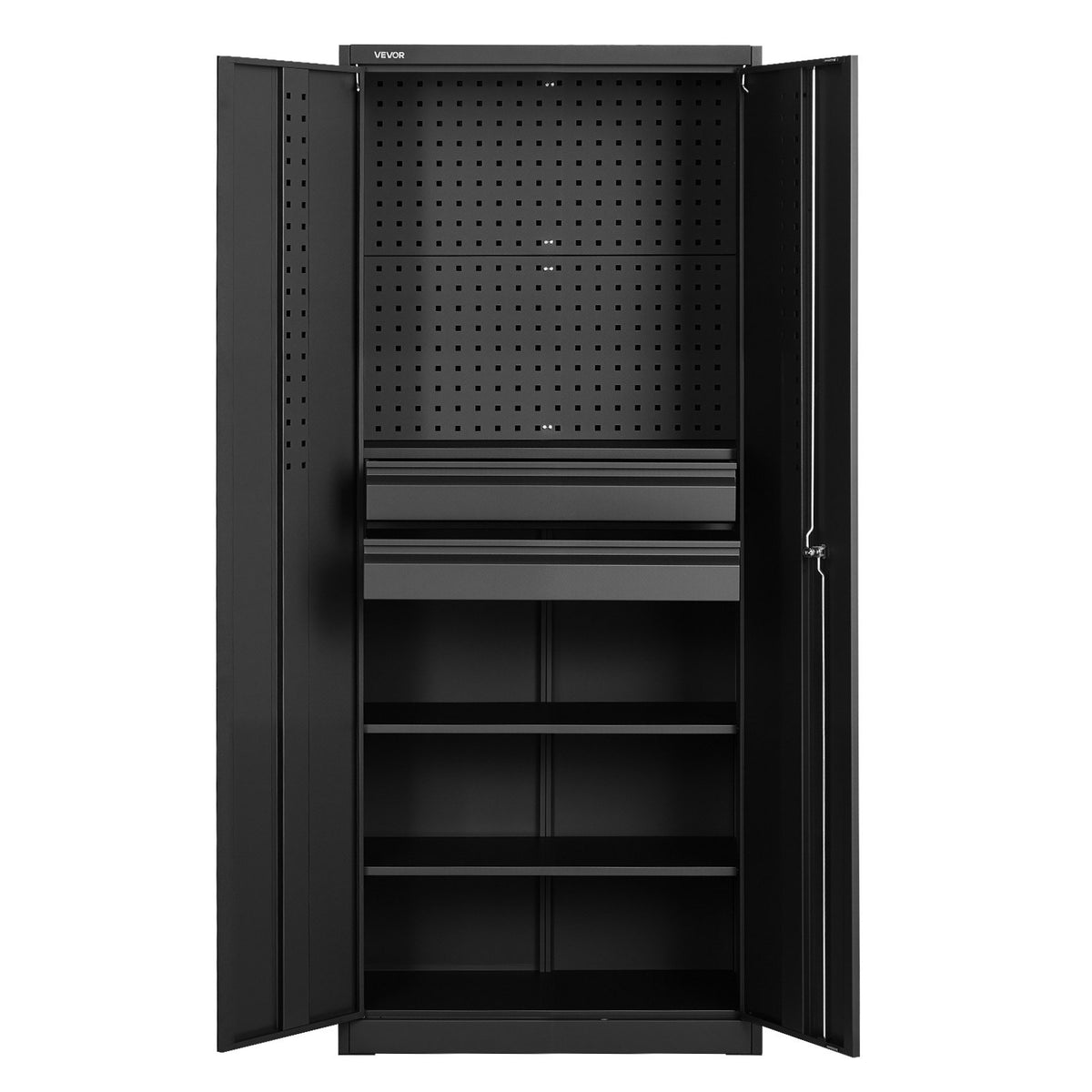 VEVOR metāla uzglabāšanas skapis 1800 mm ar 2 slēdzamām durvīm, regulējami plaukti, 2 atvilktnes, perforēta instrumentu siena, plaukta slodze līdz 81,5 kg, piemērots garāžai, mājai, birojam un saimniecības telpai - ZEMLETES.LV
