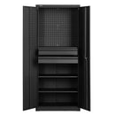 VEVOR metāla uzglabāšanas skapis 1800 mm ar 2 slēdzamām durvīm, regulējami plaukti, 2 atvilktnes, perforēta instrumentu siena, plaukta slodze līdz 81,5 kg, piemērots garāžai, mājai, birojam un saimniecības telpai - ZEMLETES.LV