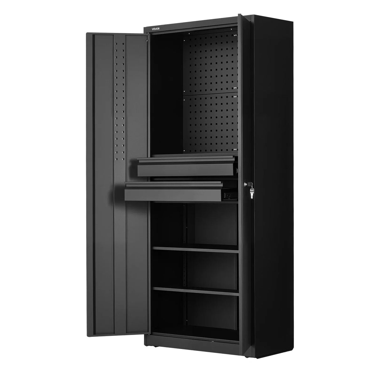 VEVOR metāla uzglabāšanas skapis 1800 mm ar 2 slēdzamām durvīm, regulējami plaukti, 2 atvilktnes, perforēta instrumentu siena, plaukta slodze līdz 81,5 kg, piemērots garāžai, mājai, birojam un saimniecības telpai - ZEMLETES.LV