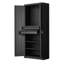 VEVOR metāla uzglabāšanas skapis 1800 mm ar 2 slēdzamām durvīm, regulējami plaukti, 2 atvilktnes, perforēta instrumentu siena, plaukta slodze līdz 81,5 kg, piemērots garāžai, mājai, birojam un saimniecības telpai - ZEMLETES.LV