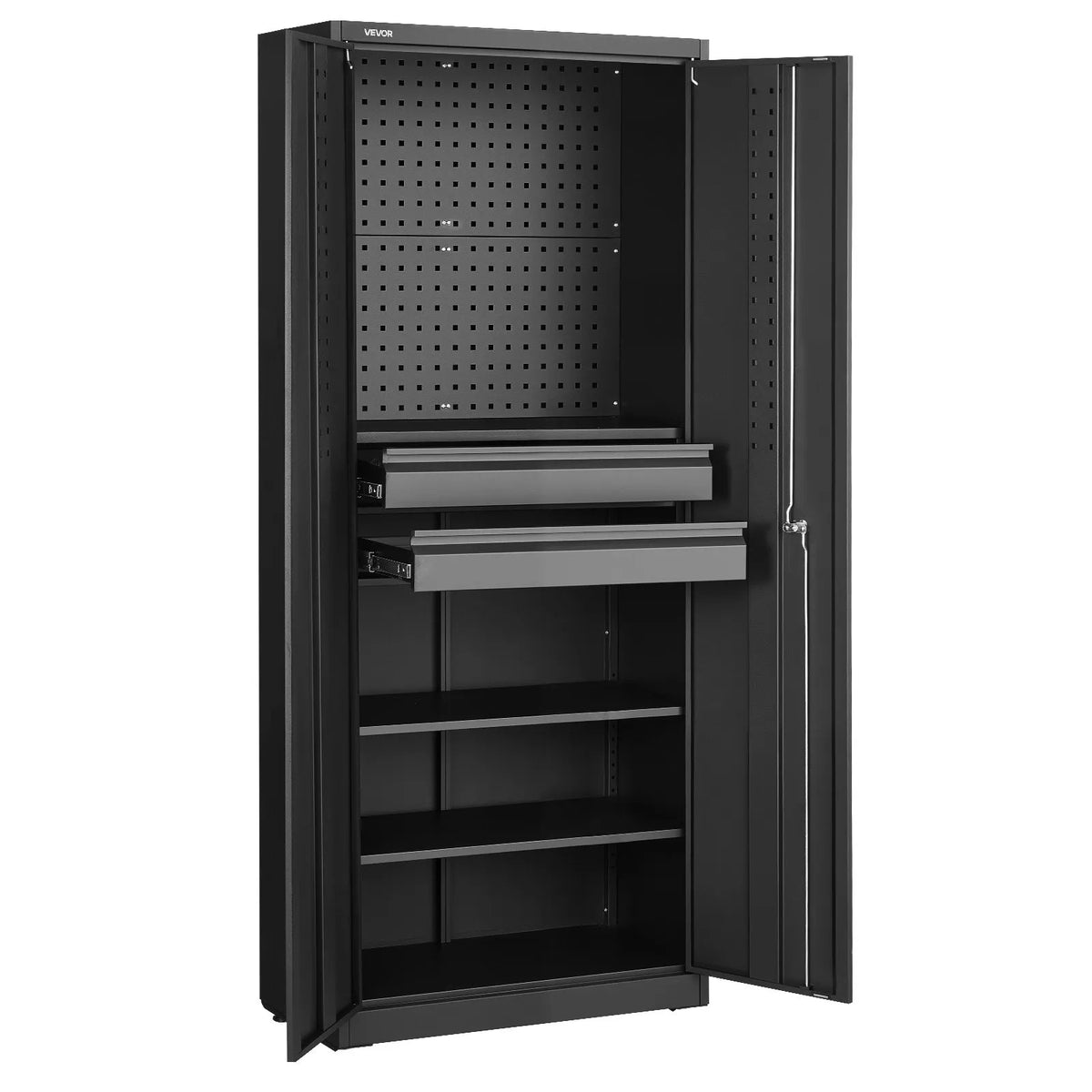 VEVOR metāla uzglabāšanas skapis 1800 mm ar 2 slēdzamām durvīm, regulējami plaukti, 2 atvilktnes, perforēta instrumentu siena, plaukta slodze līdz 81,5 kg, piemērots garāžai, mājai, birojam un saimniecības telpai - ZEMLETES.LV